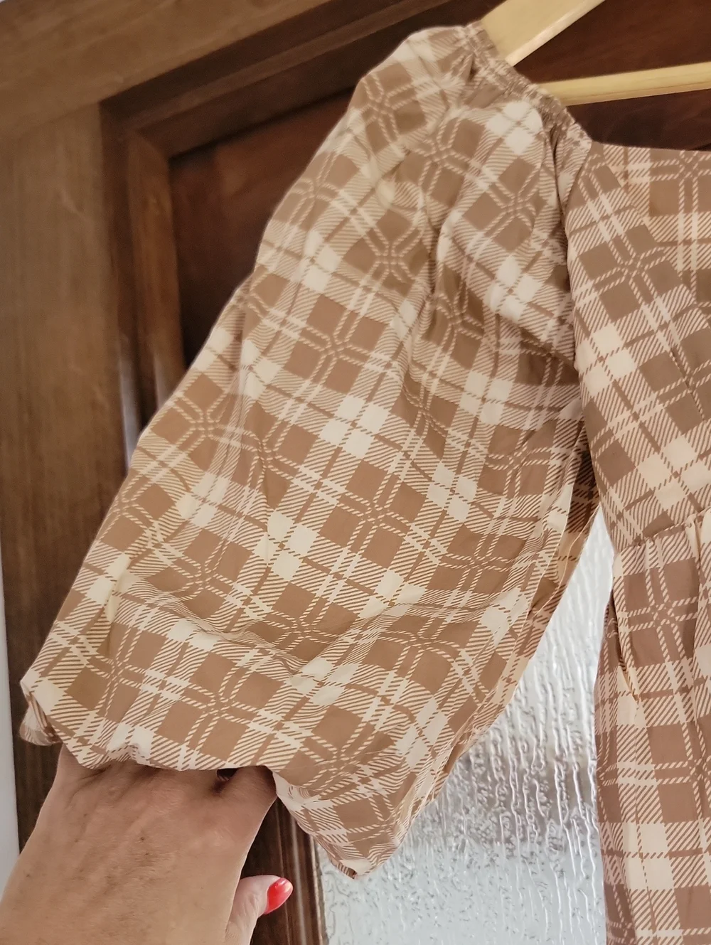 Faithfull the Brand Beige Plaid Puff-Sleeve Peplum Top